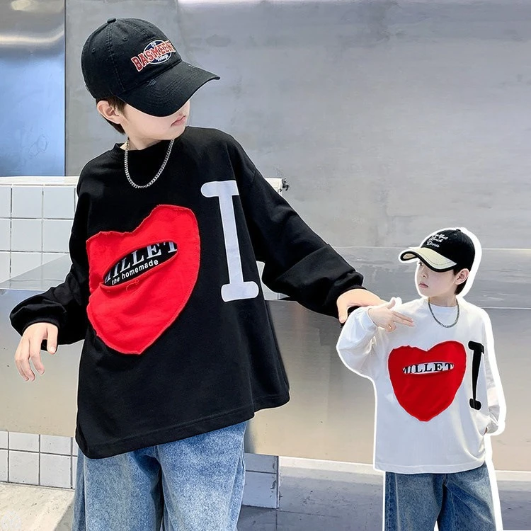 spring design teen boy girl Patch style heart-shaped patch letter cut long sleeved T-shirt Western Style junior kid Clothes tops