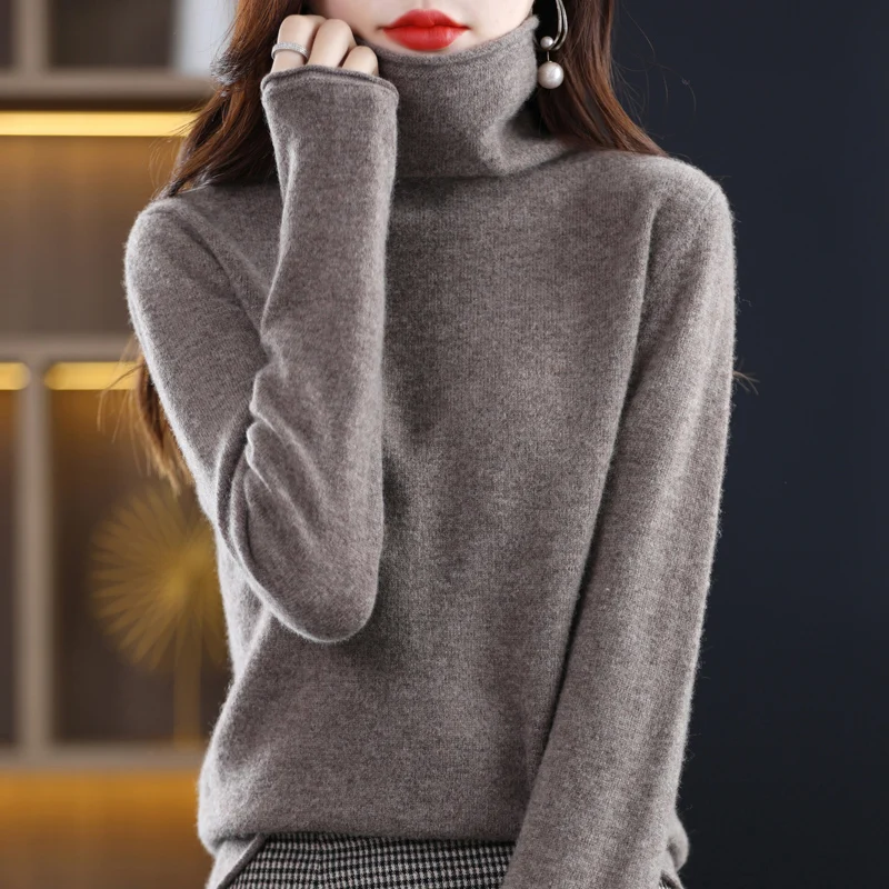 100% Wool Autumn Winter Women Sweater Turtleneck Cashmere Sweater Women Knitted Pullover Keep Warm Long Sleeve Loose Korean Tops