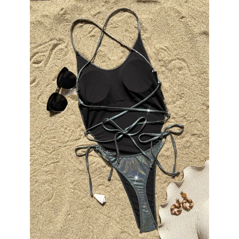 Chic Double New One-Piece Swimsuit Halter Bikini Swimsuit Female Pure Color Swimsuit Sexybikini6692