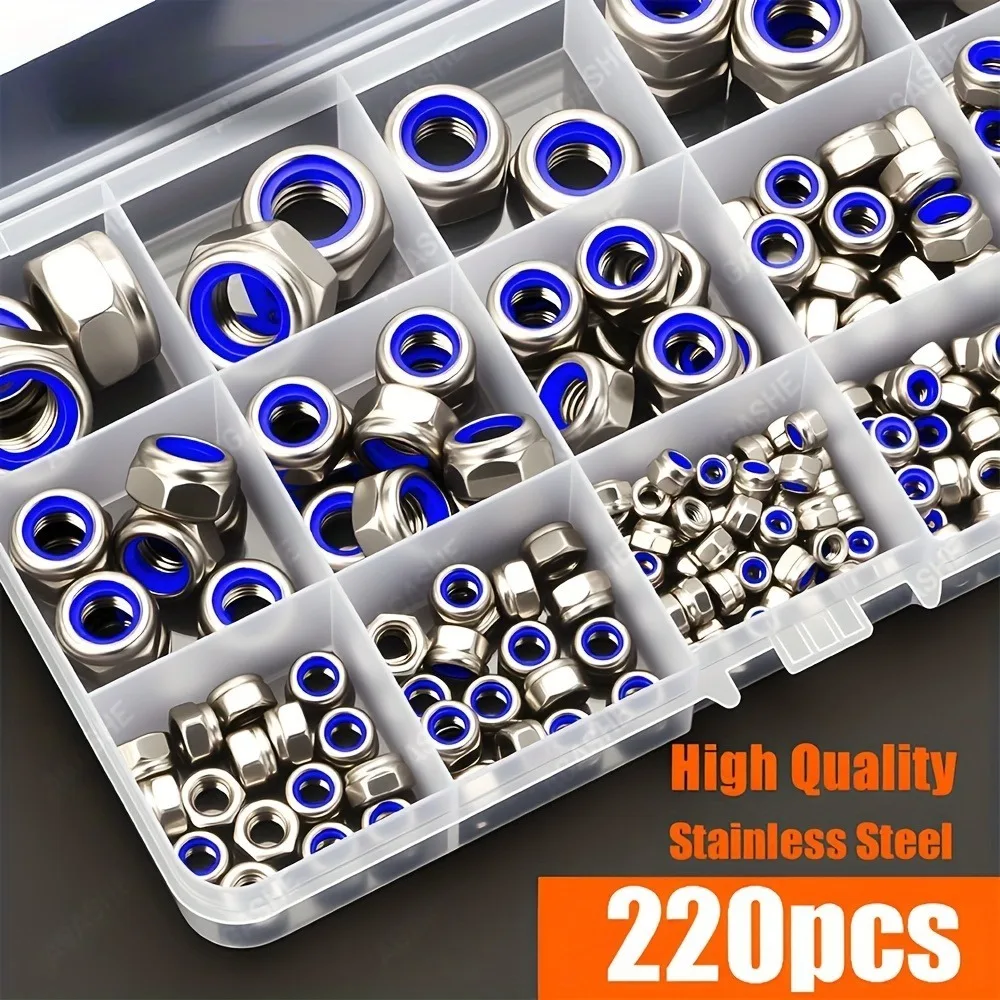 220 Pieces of Stainless Steel Nylon Embedded Anti-Slip and Anti-Loosening Self-Locking Nuts, M3 M4 M5 M6 M8 M10 M12