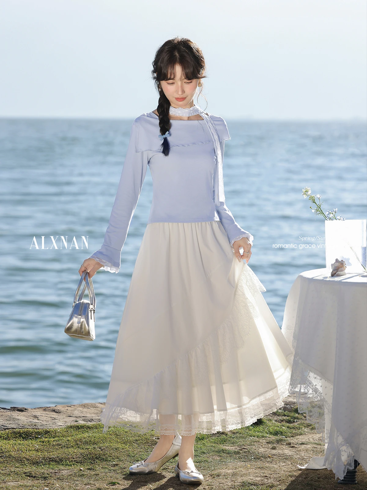 ALXNAN Off White A-line Skirt Women Long Elegant Lace Patchwork Sweet Skirt 2025 Spring Versatile Slim Ladies Clothing L52886