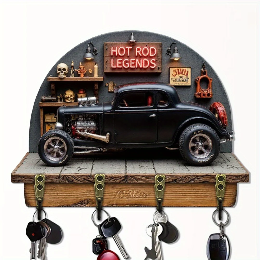 2D Flat Wooden Board, 1pc Per Pack, Vintage Modified Car Key Hook, Wooden Multi-functional Home Key Holder with Four Metal