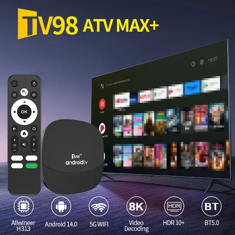 TV98 ATV Max Plus TV Box 8K 4K Android 14 Set Top Box 4G 5G 8GB 128GB صوت عن بعد WiFi مشغل الوسائط Ultra Smart TV Box iptv