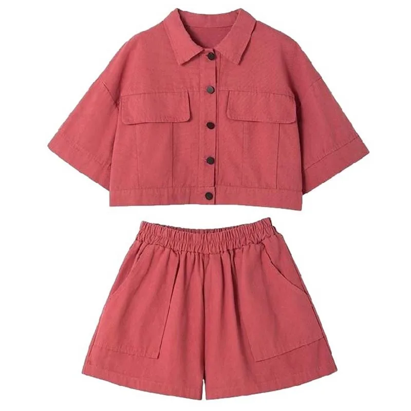 Fashion Women\'s Two-piece POLO Collar Cardigan Jacket+drawstring Elastic High Waisted Shorts for Commuting Sweet Korean Fashion