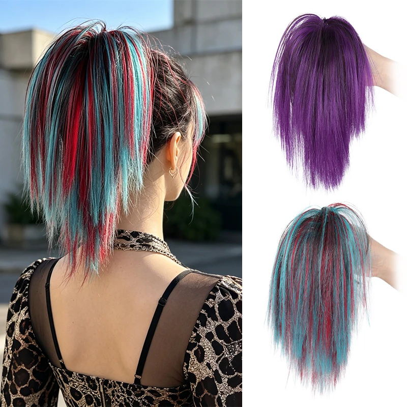 Synthetic Fiber High Ponytail with Big Claw Clip – Vibrant Red & Blue Ombre, Easy Clip-On for Instant Volume & Edgy Style