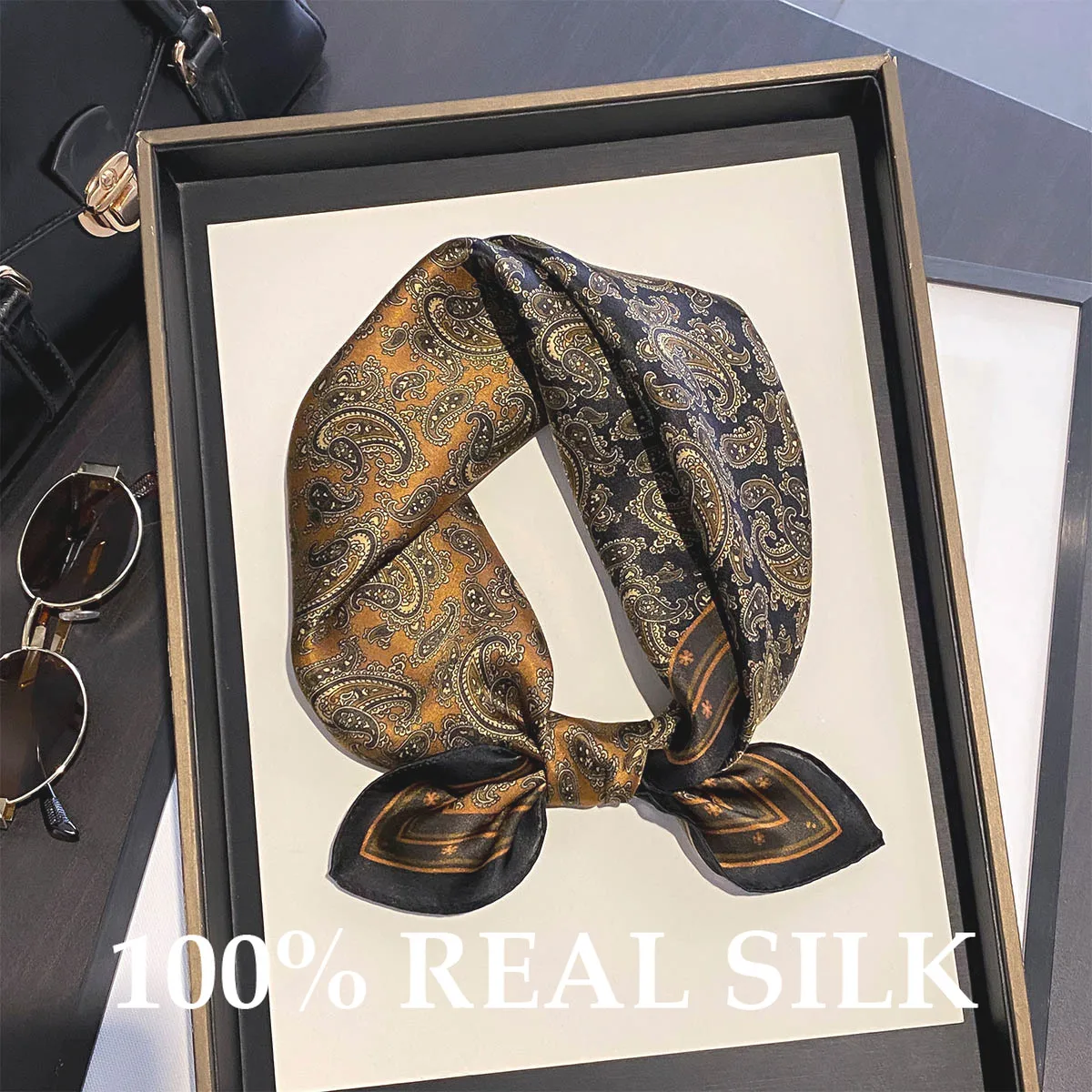 Neue Paisley-Druck Schals aus 100% Naturseide für Damen, 53cm Quadratischer Hijab, Elegantes Kopftuch und Schal