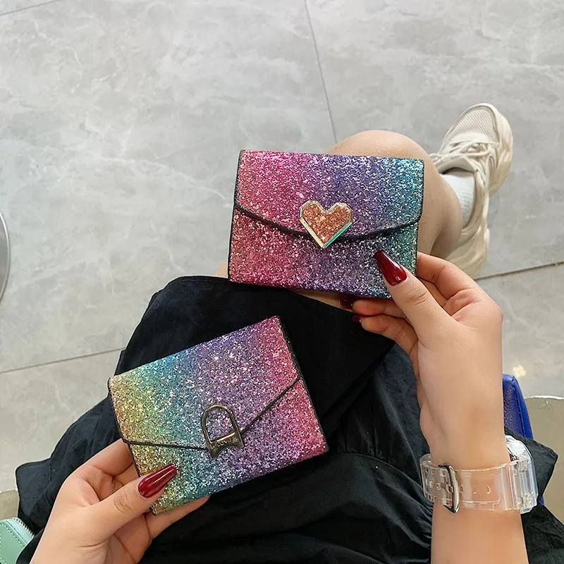 Women Sequins Purse Glitter PU Leather Short Coin Wallets for Ladies Card Holder Female Mini Clutch Girls Billeteras Para Mujer