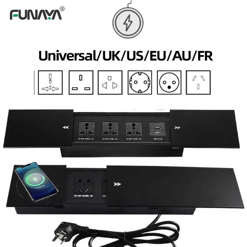 테이블 내장형 소켓 2 3구 USB 무선 충전 유니버설 UK US EU 멀티 플러그 10A 110~250V 2600W 블랙 소켓