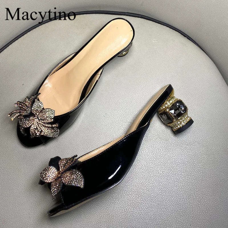 Ladies Rhinestone Flower Design High Heel Slippers round Toe Drill Heel Fashion Party Footwear
