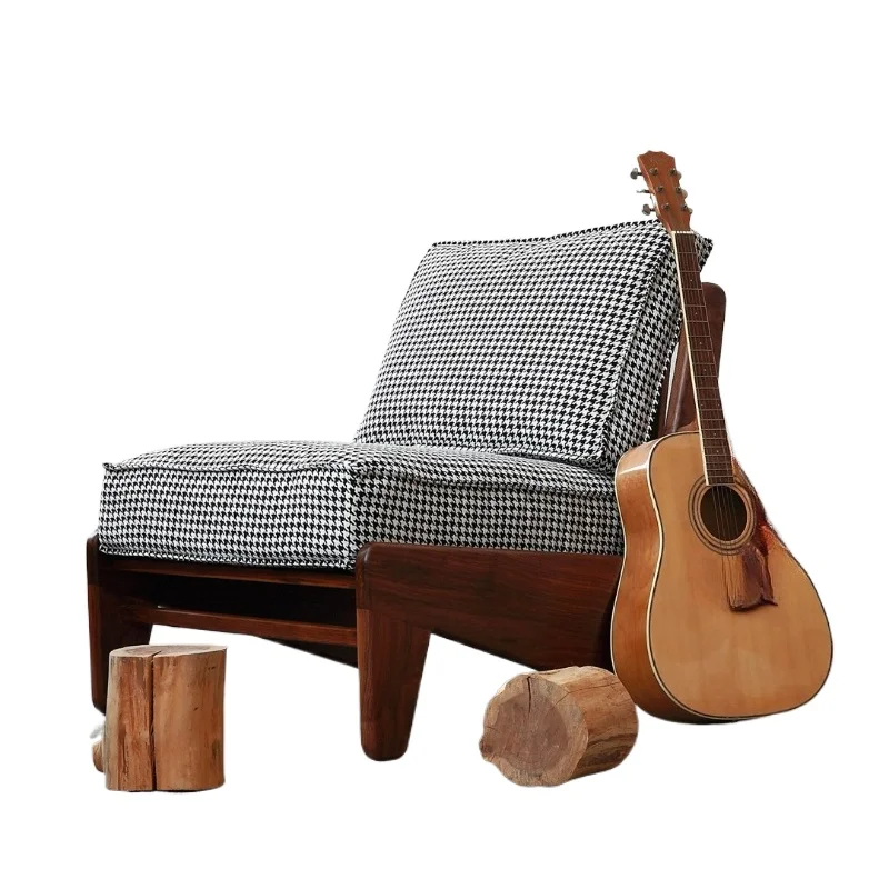 Black walnut solid wood sofa cowhide seat Japanese fabric reading ch air