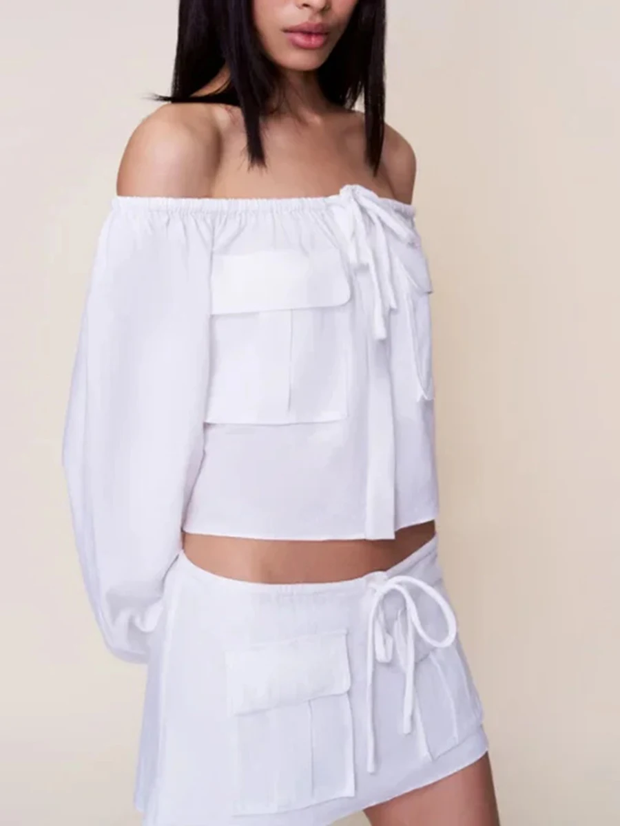 투윈스타일 미니멀리스트 여성용 투피스 세트 오프숄더 긴팔 셔츠 로우 웨이스트 섹시 미니스커트 화이트 슈트 여성용