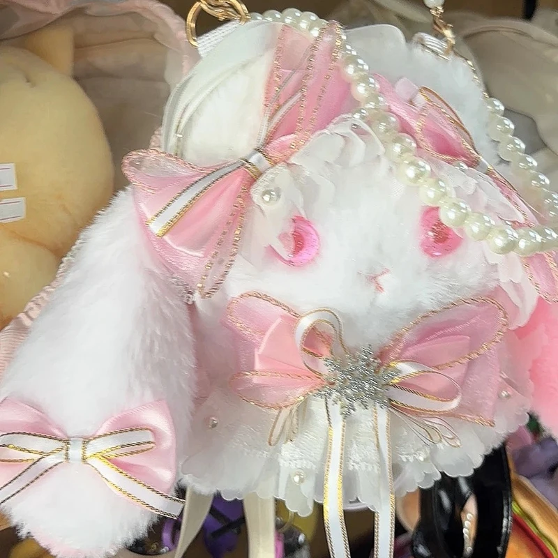 اليابانية لوليتا أرنب حقيبة ألعاب من نسيج مخملي لطيف قلادة دمية فتاة لعبة حقيبة كروسبودي اللؤلؤ سلسلة أرنب شفاء لينة لطيف دمية حقيبة