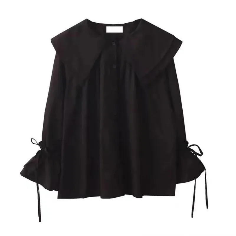 Preppy Style Shirts for Women Lovely Girls Spring Clothing Peter Pan Collar Kawaii Long Sleeve Lace-up Single Breasted Solid