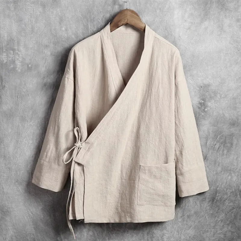 Plus Size M-6XL Pure Color Men\'s Tops 2024 New Cotton Linen Oblique Placket Long Sleeve Linen Hanfu chinese Clothing  Kimono