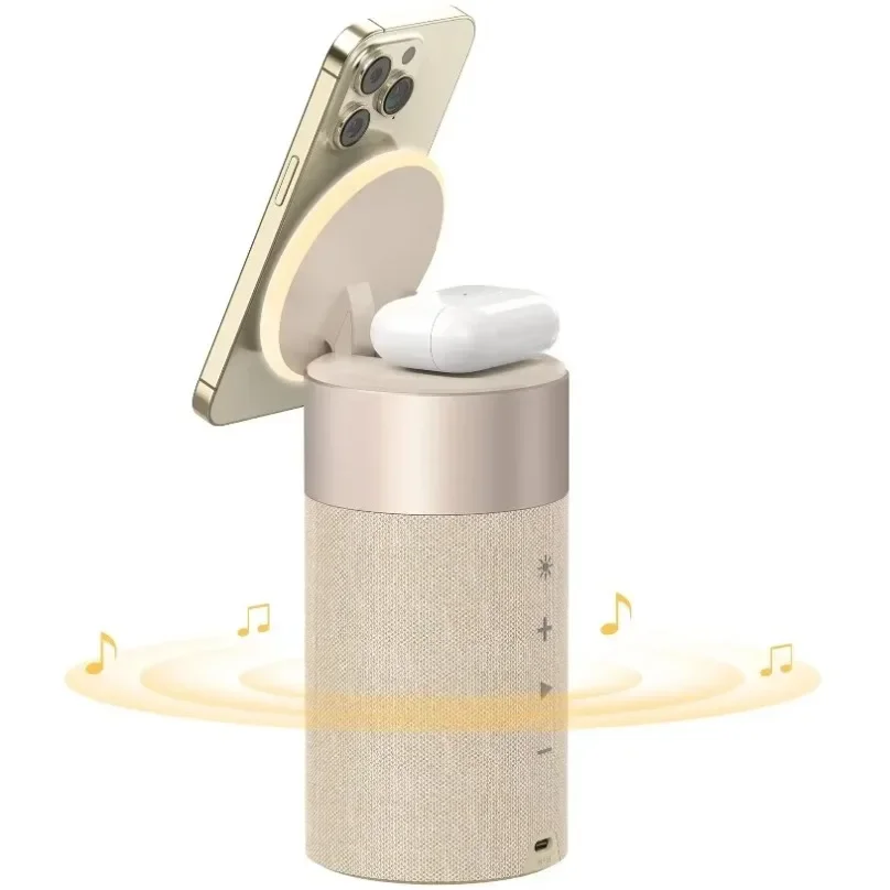 

Multi functional magnetic wireless charging Bluetooth speaker warm night light phone holder suitable for charging phone earphone