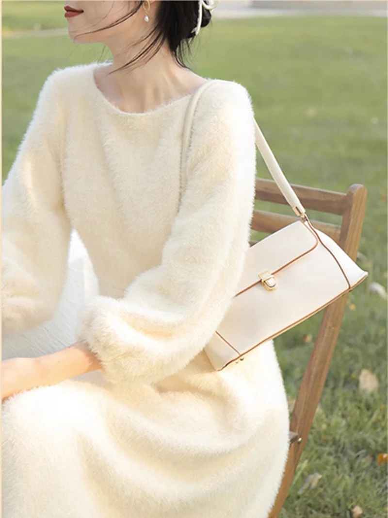 French Fairy Long Dress Plush Gentle White Sweater Dress Women's Spring Autumn 2024 New Style Adding Velvet Thickening Dresses