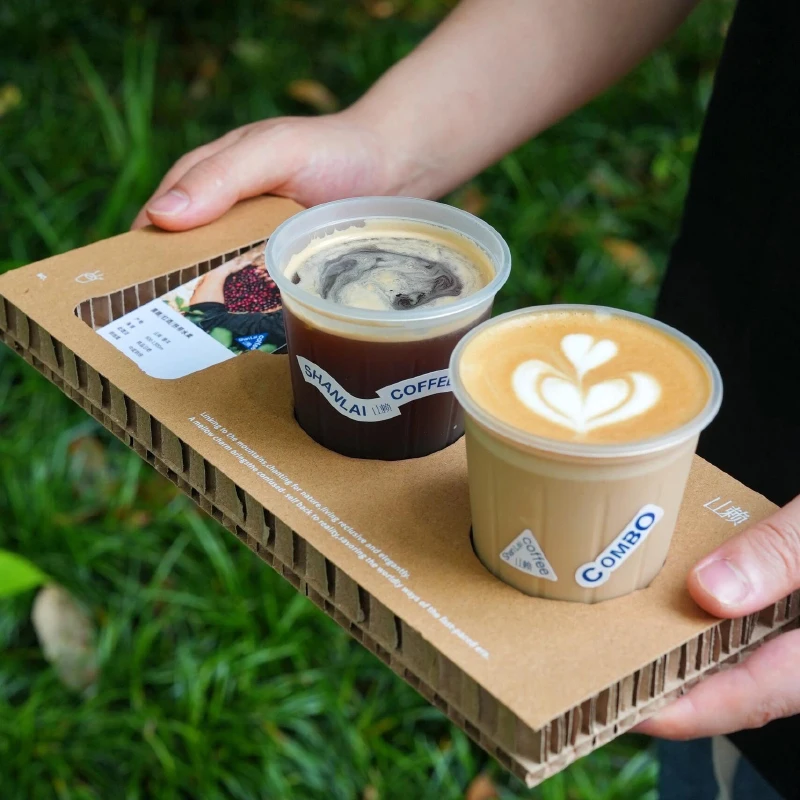 custom.LOKYO Custom 2/3 Cup Holder Tray Durable Thick Kraft Paper Honeycomb Double Wall Degradable Coffee