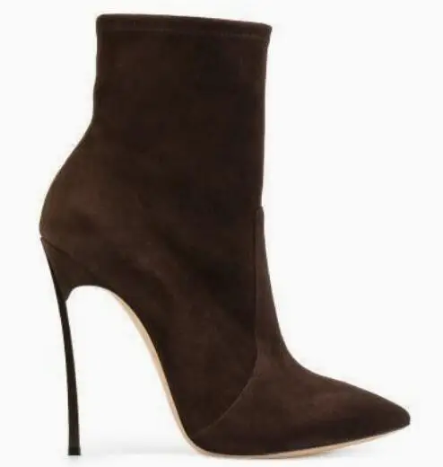 Leopard Horse Fur Metal Blade Heels Ankle Boots Women Pointed Toe Thin Heels Booties Blue Apricot Suede High Heel Short Boots