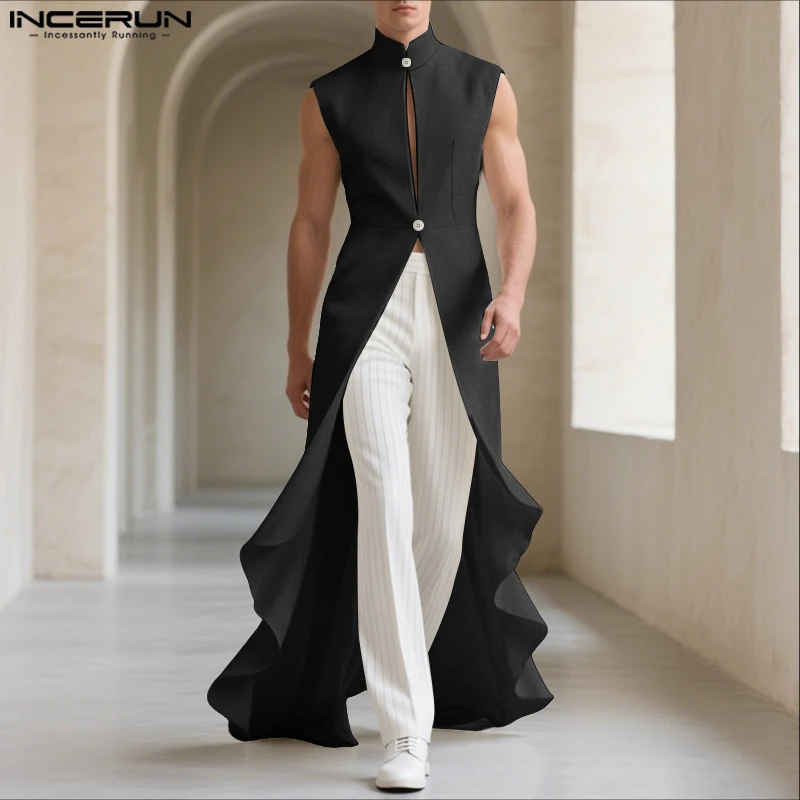 INCERUN Men Vests Solid Color Stand Collar Sleeveless Male Long Style Waistcoats Streetwear 2025 Fashion Casual Male Dress Vests
