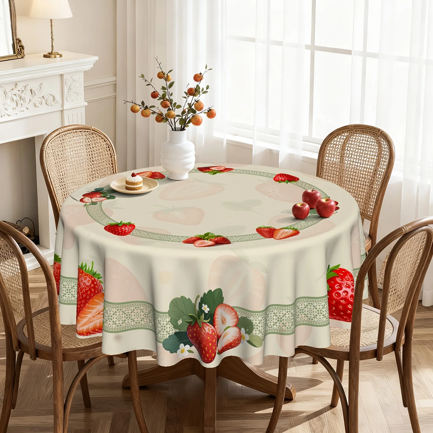 One strawberry-themed tablecloth, made of polyester, with a retro design featuring strawberries and white flowers.