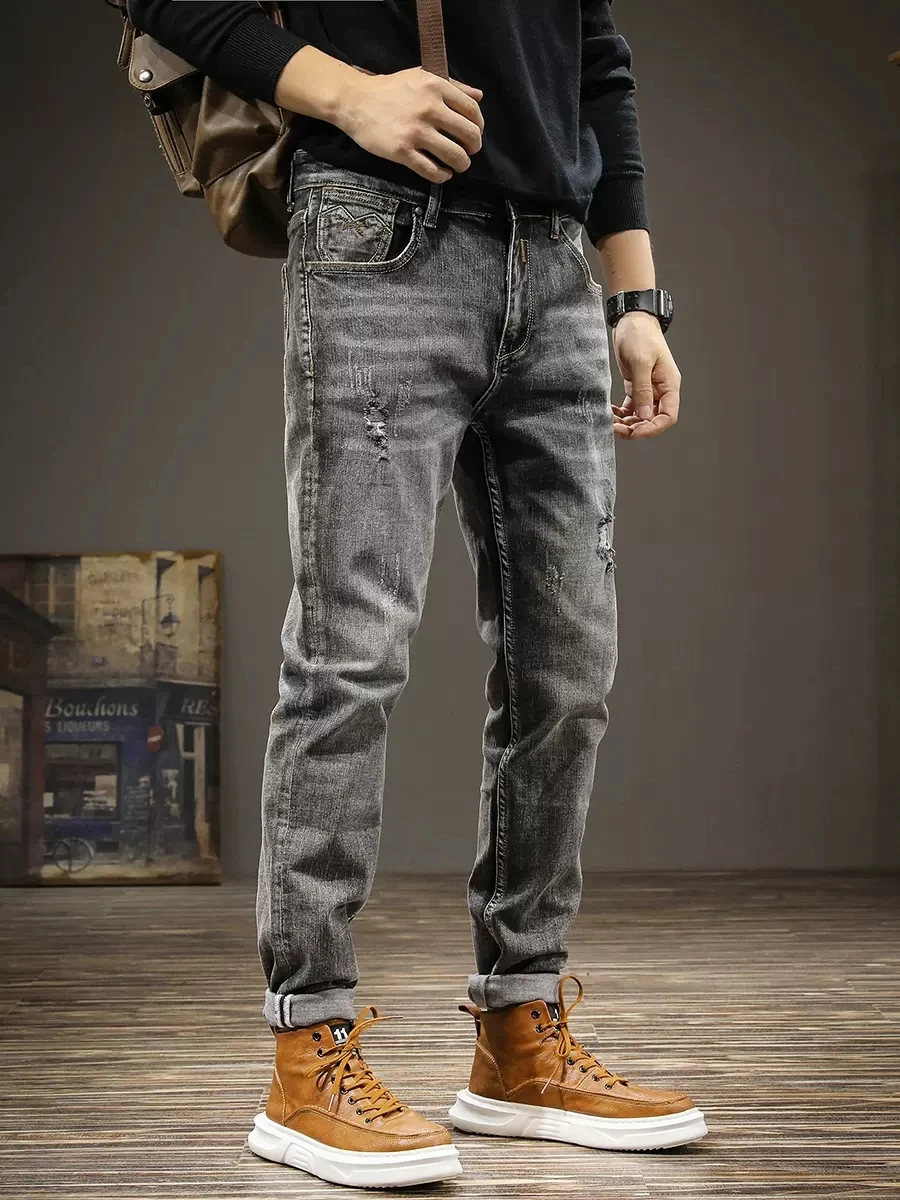 Fashion Designer Men Jeans Retro Black Gray Stretch Slim Fit Ripped Jeans Men Hole Trousers Vintage Casual Denim Pants Hombre