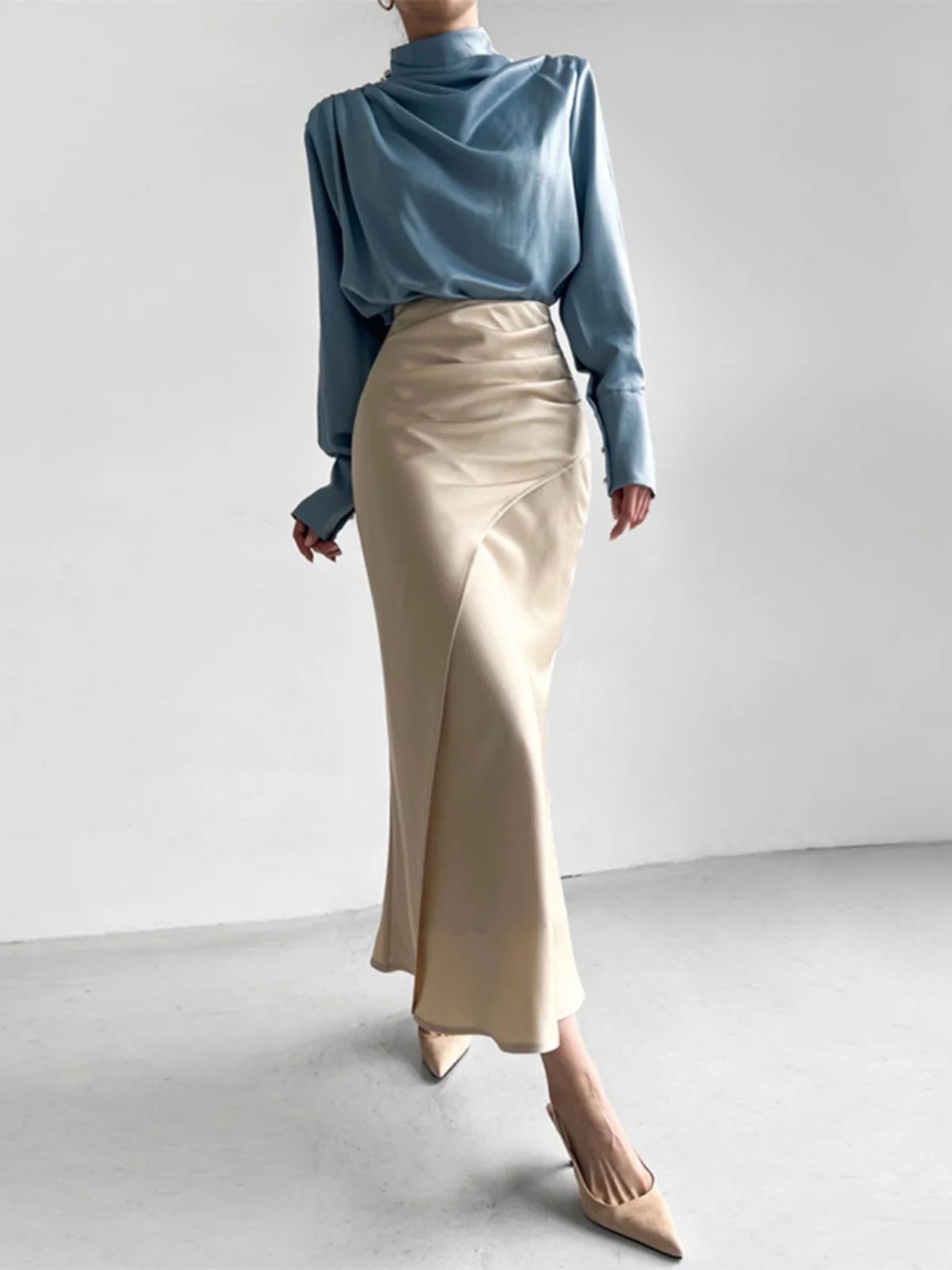 

Женская асимметричная юбка-русалка из ацетатного атласа с завышенной талией, корейский дизайн, для офиса, весна