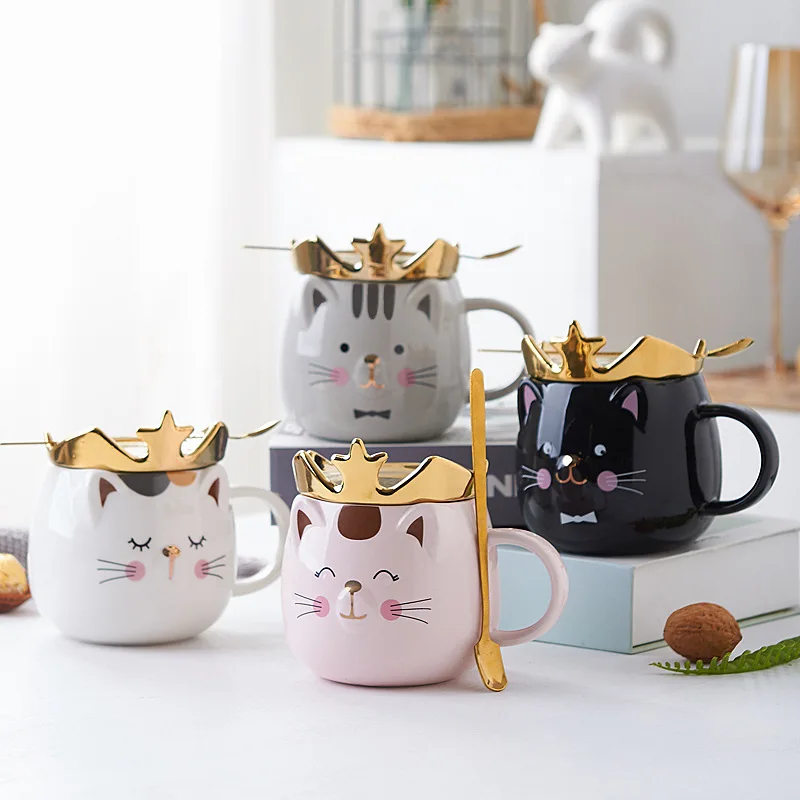 Cartoon Crown Cat Shaped Mug Cute Ceramic Mug with Lid Spoon Coffee Water Cup for Men and Women Gift Lovers Drinking Utensils