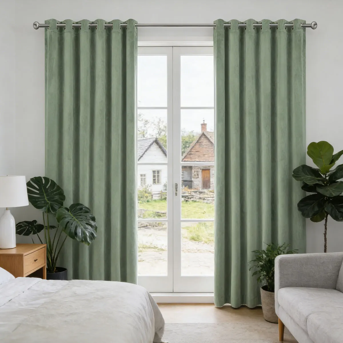 Sage Green Velvet Grommet Curtain, Light Blocking Privacy Drape for Minimalist Nordic Living Room Bedroom Balcony Home Decor