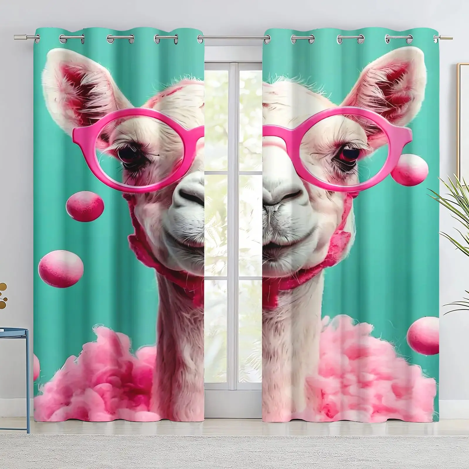 Cute Dog Giraffe Cat Blowing Bubble Gum Window Curtains 2 Panels Background Home Bedroom Blackout Drapes Room Decor