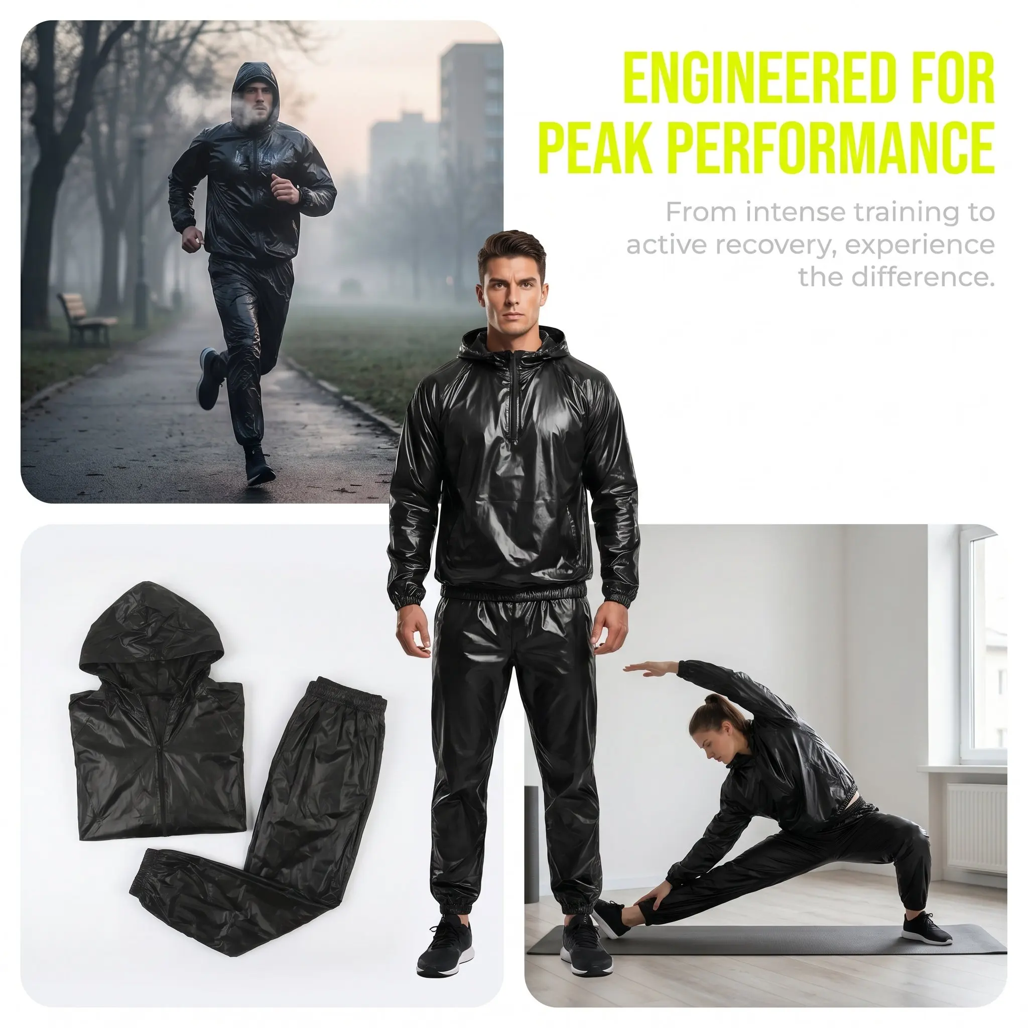 Sauna Sweat Suit PVC Hooded Zipper Black Xl Fitness Exercise Gym Workout Suit Top Pants Men Women Sauna Suits Wrap
