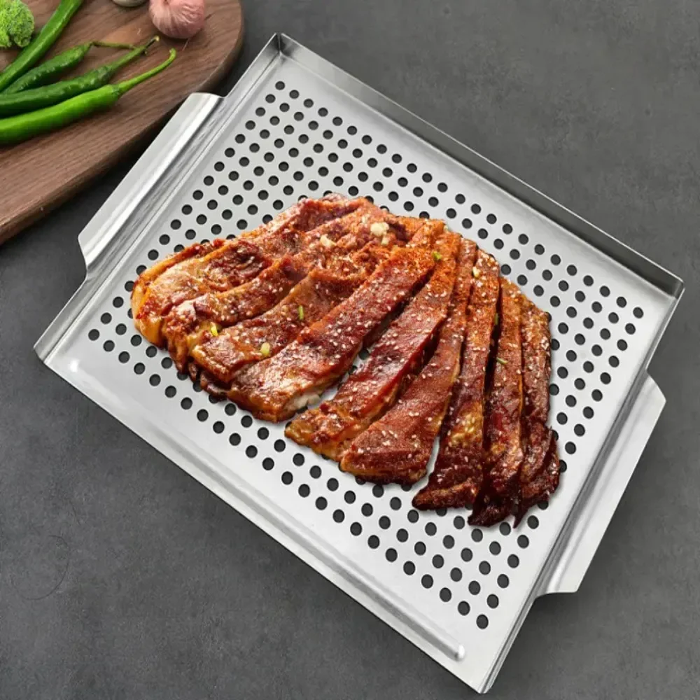 1pc Stainless Steel BBQ Tray Rectangular Baking Pan for Vegetables Meat with Convex Groove Design Great Gift for Grilling Lovers