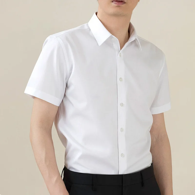 White Non-iron Anti-wrinkle Elastic Slim Fit Men's Shirt Clean Fit  Collar Nine Sleeve Length PU Leather Thickened Fleece