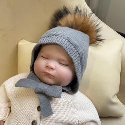 JANEFUR Children Winter Hat Real Raccoon Fur Pom Pom Beanie with Earflaps Kids Girls Boys Warm Cap 1-3 Y