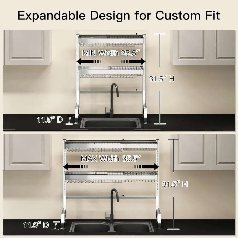 

3 Tier Extra Large Stainless Steel Expandable Over The Sink Dish Drainer Drying Rack, Rust Proof Metal, Space Saving