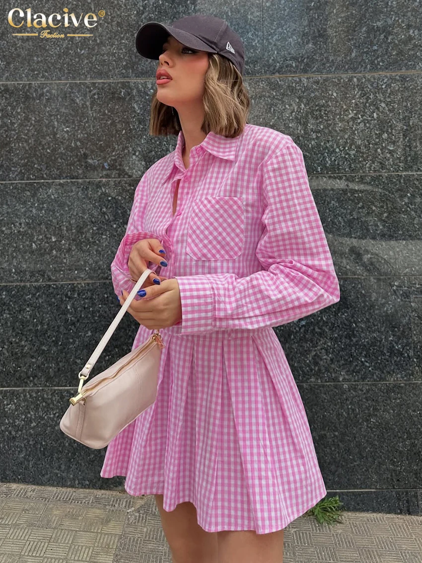 

Clacive Fashion Loose Pink Plaid Woman 2 Piece Set Outfit 2025 Elegant Long Sleeve Shirt With High Waist Pleated Mini Skirt Set