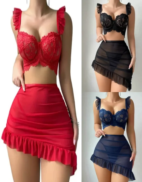 Red Ruffle Lace Lingerie Set Women Mesh Ruched Mini Skirt Two Piece Boudoir Sleepwear