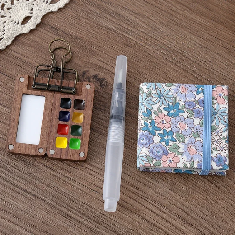 Portable Travel Watercolor Set Germany Watercolor 8 Colors Mini Walnut Paint Box Sketchbook Student Outing Art Supplies