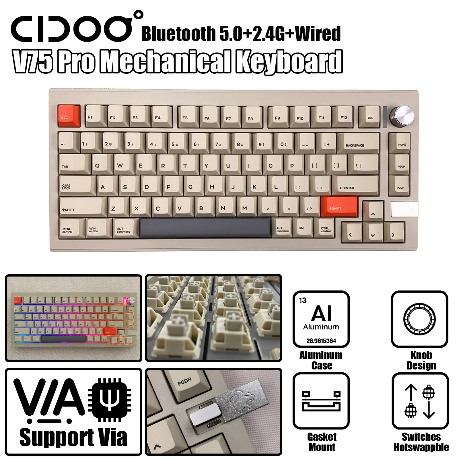 

Cidoo V75 Pro Wireless Aluminum Mechanical Keyboard Via Programmable RGB 3 Modes 2.4G Bluetooth Hotswap PBT Keycap Gasket Mount