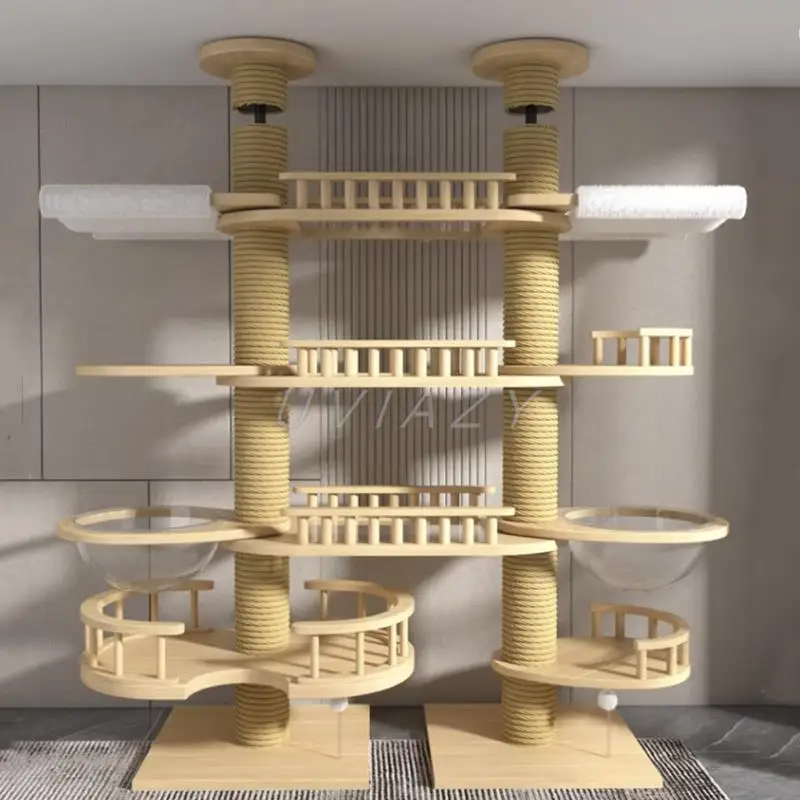 พื้นถึงเพดานคอลัมน์คู่ Multi-Layer Cat Tree Cat Climbing Tower พร้อมเชือกป่านศรนารายณ์ธรรมชาติ Scratching โพสต์สูง ClimbingTree