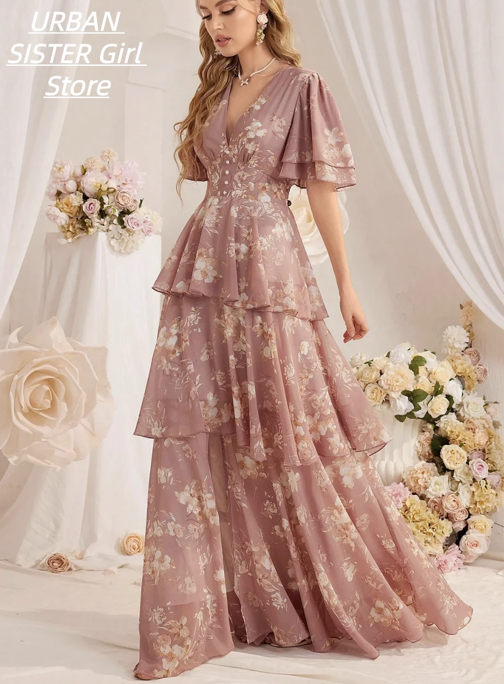 Gray-Pink Floral Deep V Double-Layer Ruffle Short-Sleeve High-Waist Layered Chiffon Long Dress, Romantic Garden Wedding Bridesmaid Banquet Evening Gown