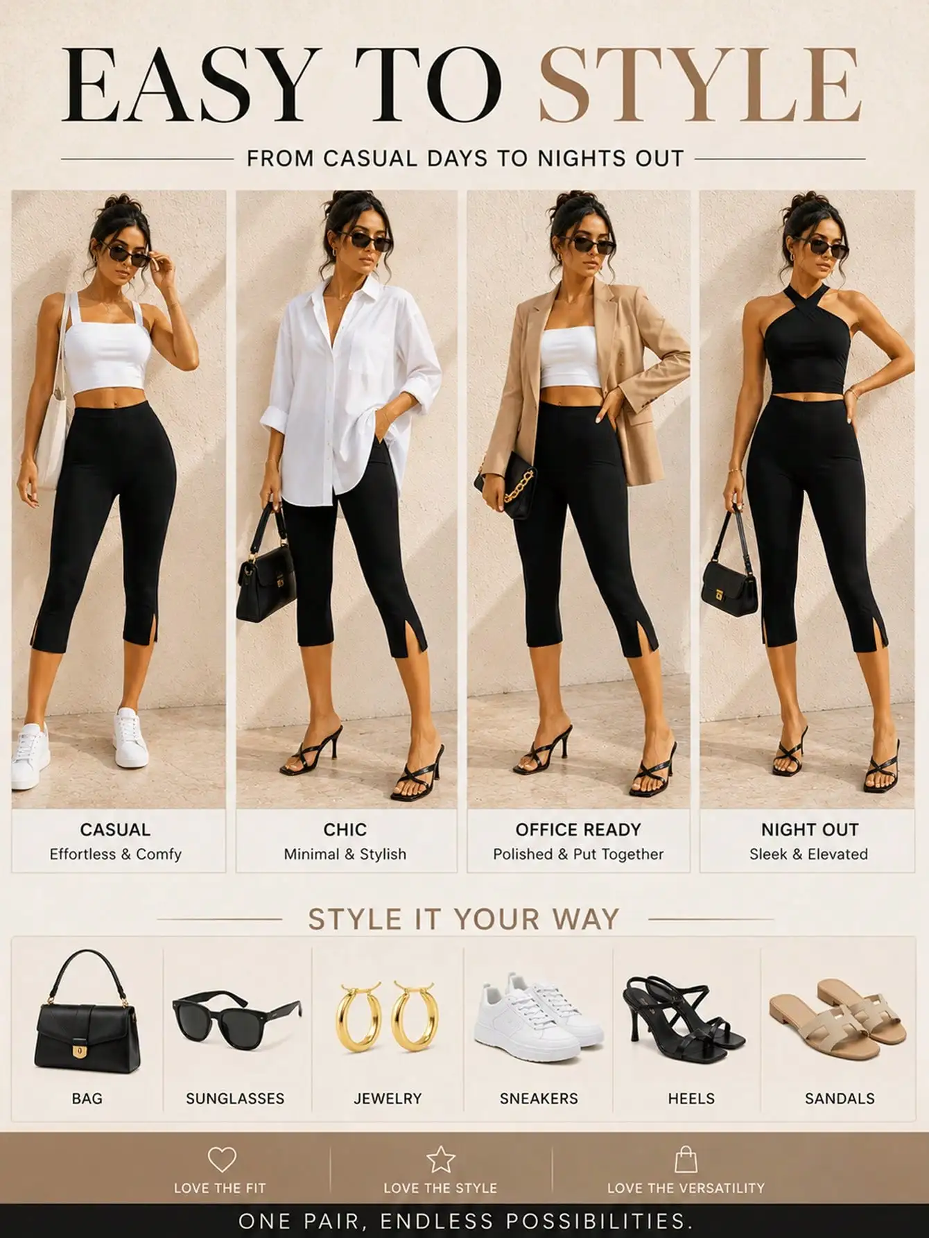 Black High Waist Split Hem Slimming Capri Leggings Fitted Knee Length Biker Shorts For Women Daily Casual Streetwear Workout view 6
