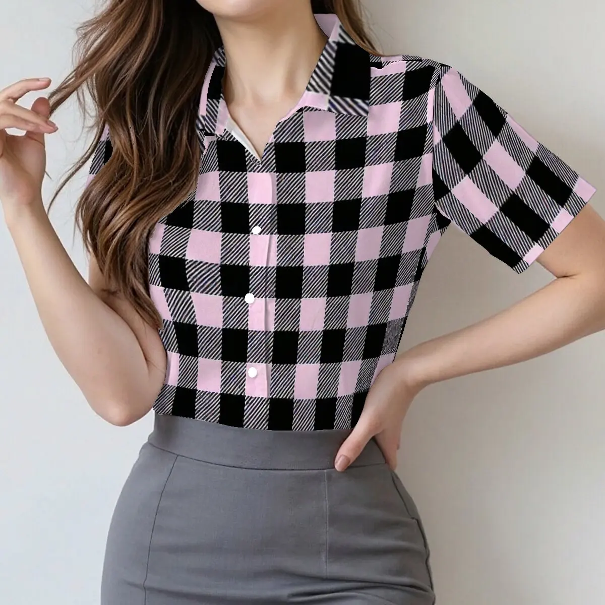 

Women's summer short-sleeve shirt with delicate textured plaid pattern, suitable for workplace, social occasions and outdoor