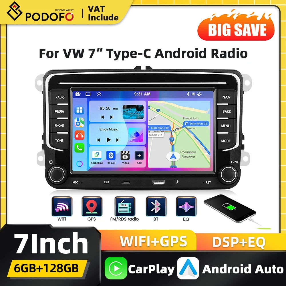 Podofo 6+128G Android 2Din Autoradio für VW Volkswagen Seat Skoda POLO BORA GOLF PASSAT Carplay GPS Navigation FM RDS AI Sprachsteuerung