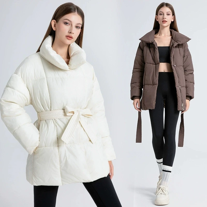 Women Winter Long Cotton Coat 2025 New Woemn Loose Warm Thicken Parkas Coat Stand Collar Belt Cotton Padded Jacket Women Outwear