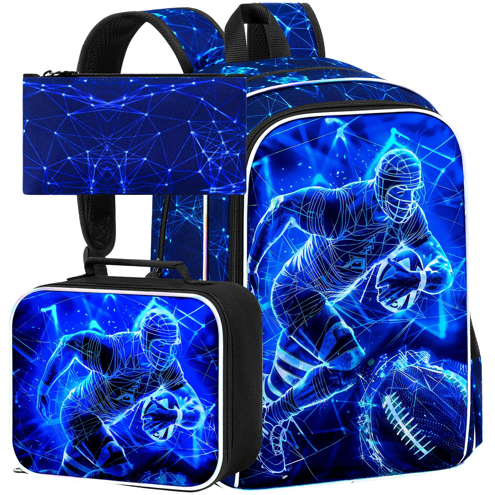 

3PCS Backpacks for Boys, 16" Kids Bookbag Water Resistant for Boy, Lightweight Backpack with Lunch Box -People play rugby.