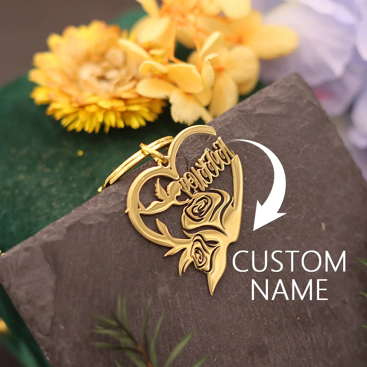 QIAMNI Personalized Custom Name Heart Keychain Engraved Angel Couple Key Chain Stainless Steel Rose Nameplate Wedding Keyrings