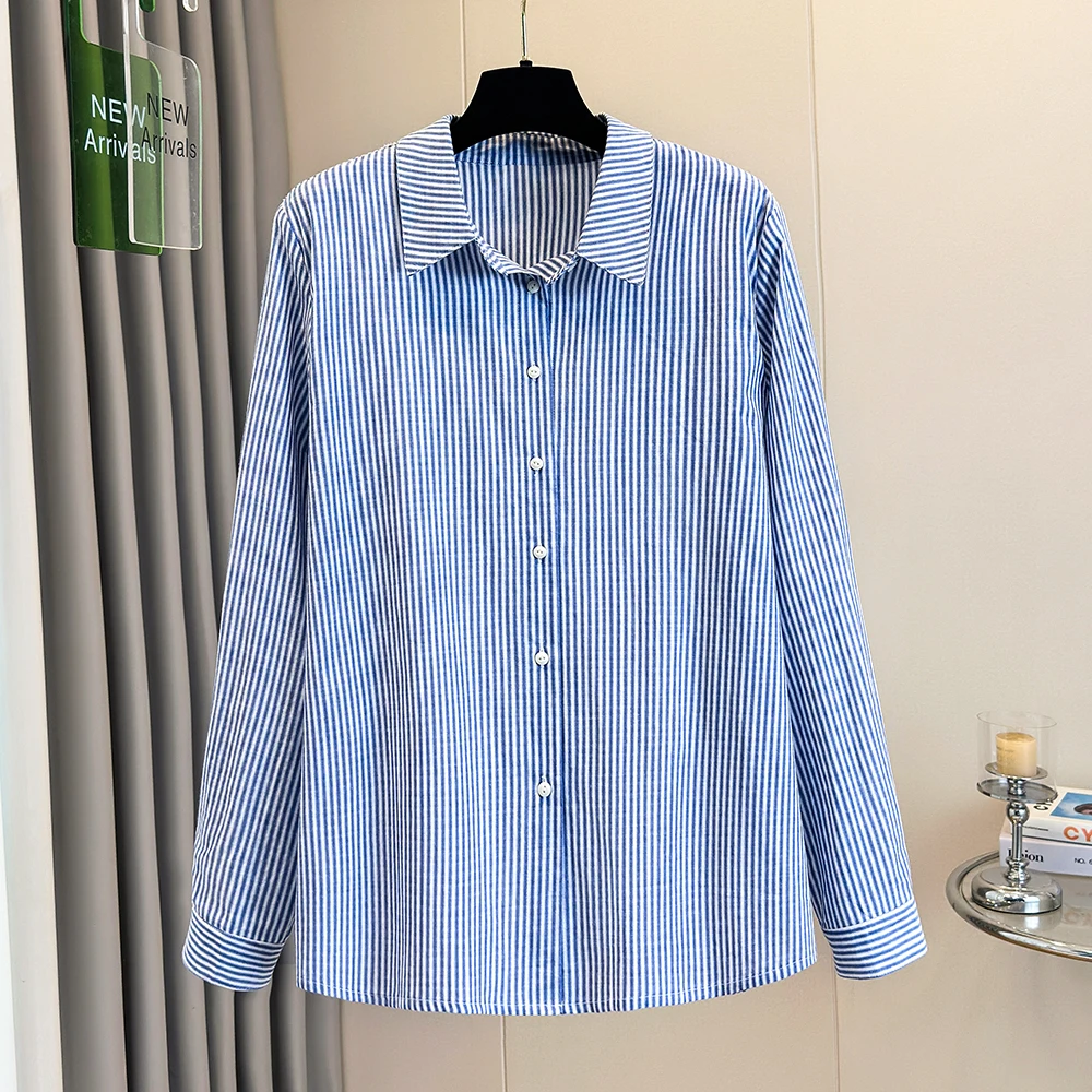 Blue Striped Long Sleeve Casual Shirt Women's Loose Commute Shirt Versatile Top Open Cardigan Spring Autumn New Style Cotton ...