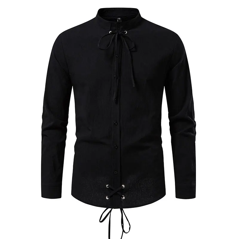 Pirate Shirt for Men Medieval Style Single Breasted Linen Blend Top with Drawstring & Stand Collar Renaissance Festival Costume