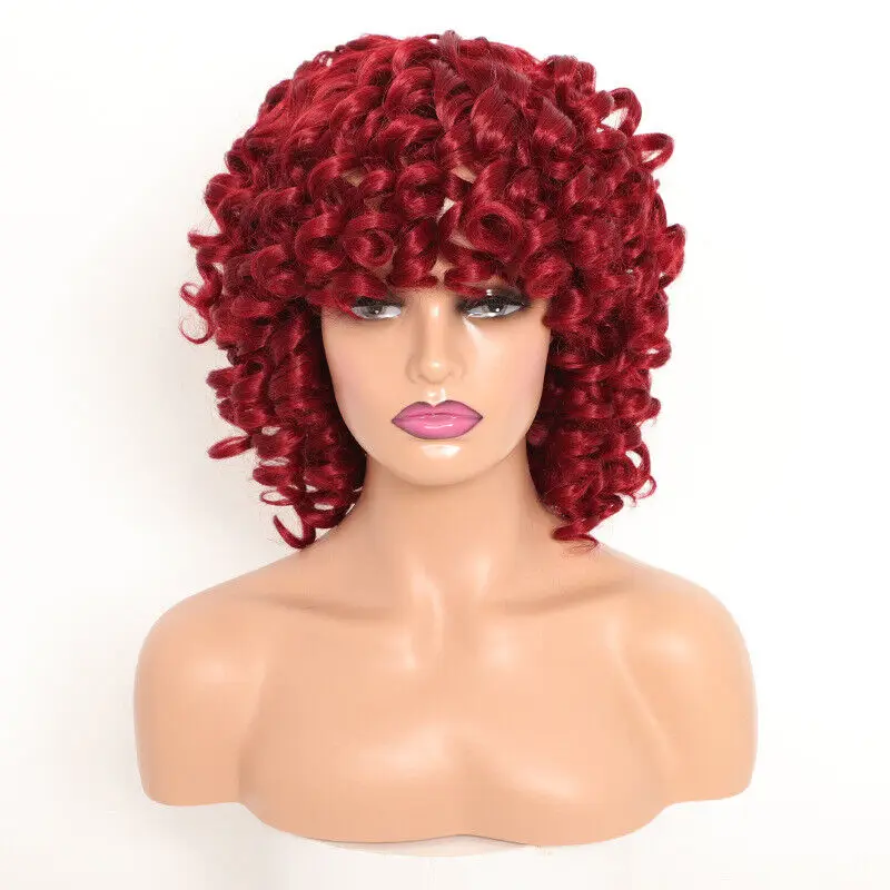 

Women Wig Wine Red Short Ladies Curly Hair Afro African Wig+Wig Cap