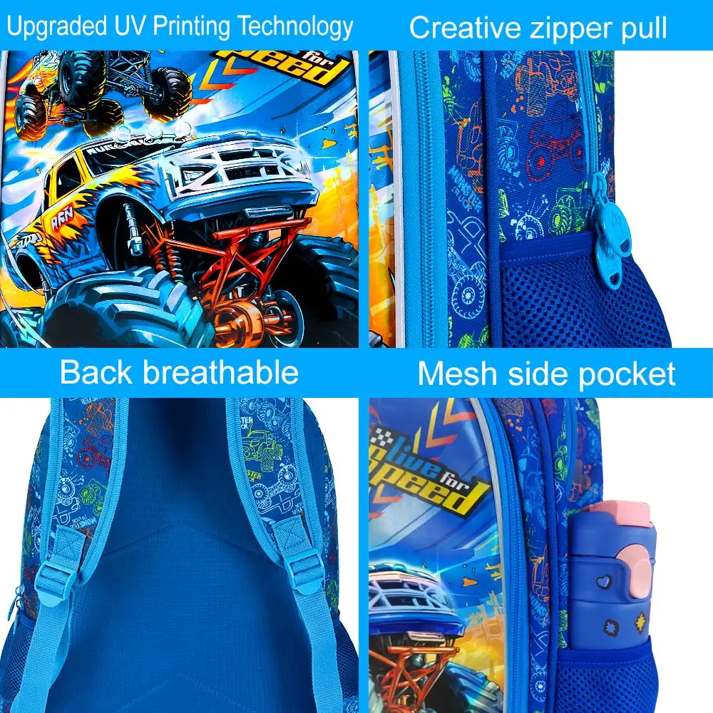 Ransel Truk Anak Laki-laki 3 Buah, Tas Buku Mobil Anak dengan Kotak Makan Siang, Tas Sekolah Tahan Air untuk Balita Prasekolah Dasar